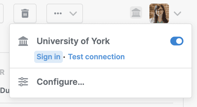 The proxy menu opened from the library toolbar, showing the University of York connection with an enable toggle, “Sign in” and “Test connection” links, and a “Configure…” option below.